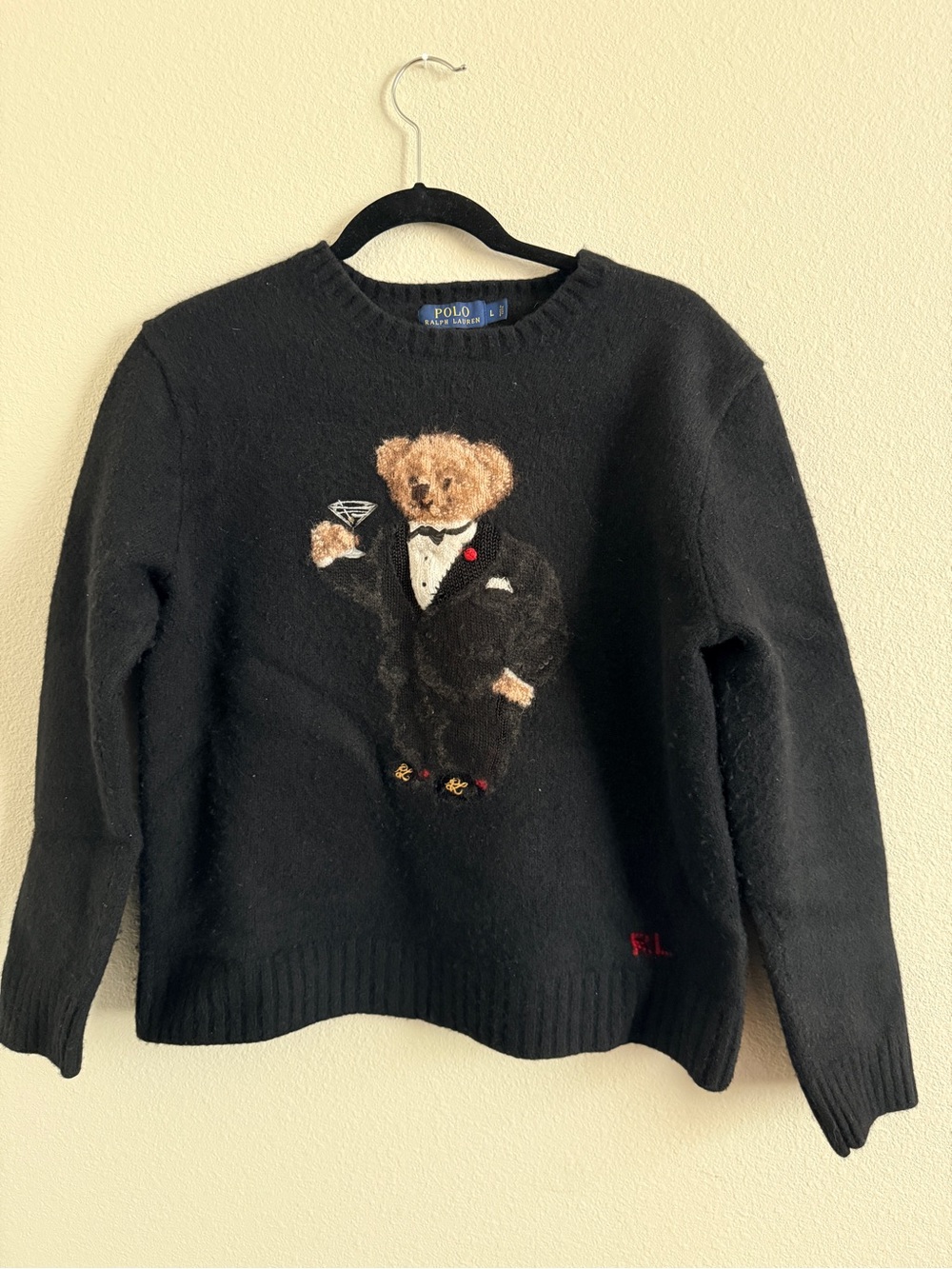 Polo by Ralph Lauren Black Tuxedo Martini Bear Embroidered Crewneck Sweater